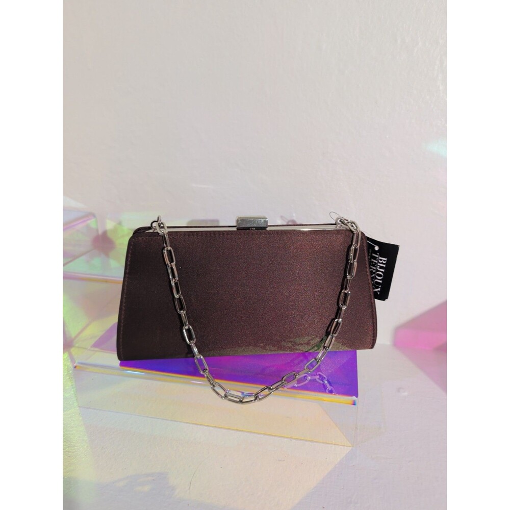 Bijoux Terner Brown Satin Mini Clutch Purse Silver Chain Y2K NEW With Tags